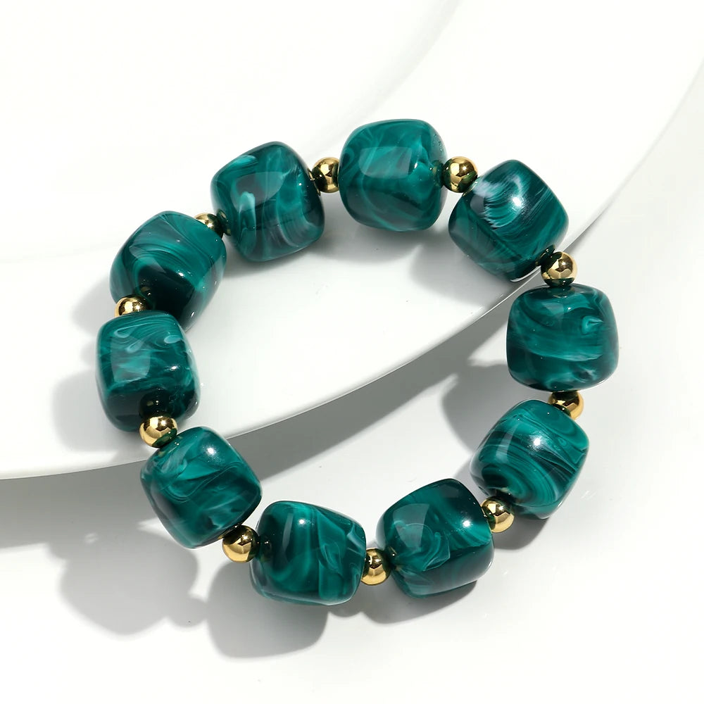 Exaggerated Geometric Beaded Acrylic Elastic Bracelets for Women Men Boho Trendy Square Beads Stack Bangle Retro Jewelry Gift mbzr
