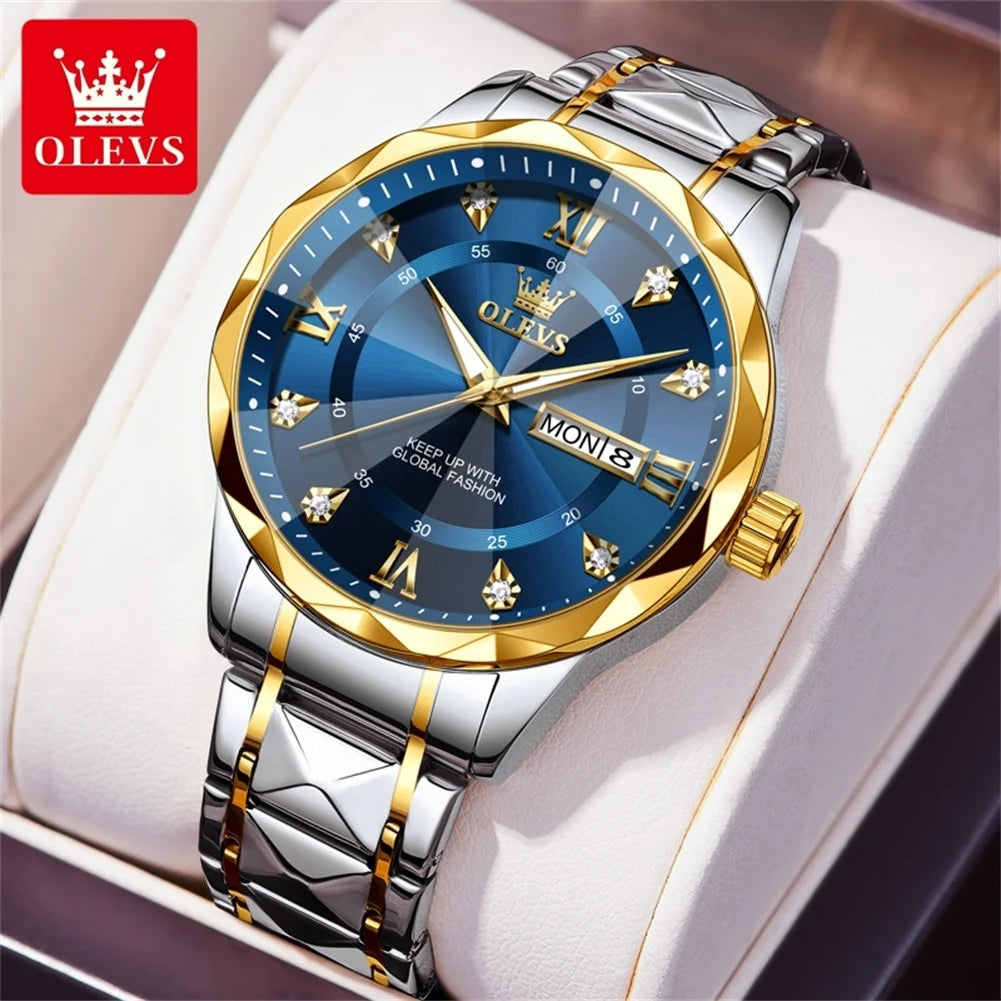 OLEVS 5609 Brand Original Quartz Movement Watch For Men Big Diamond Dual Calendar Dial Steel Bracelet HD Luminous Function 30m Waterproof Watch