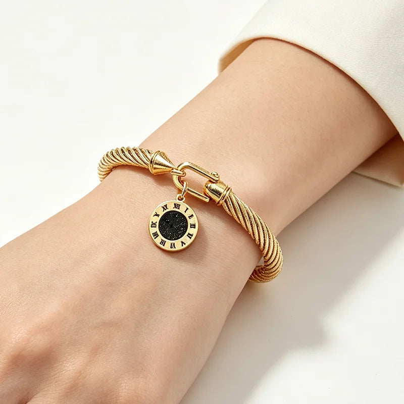 316L Stainless Steel Twisted Cable Bangle Roman Numeral Pendant Round Charm Bracelet Waterproof Hypoallergenic Fade Resistant Women Jewelry