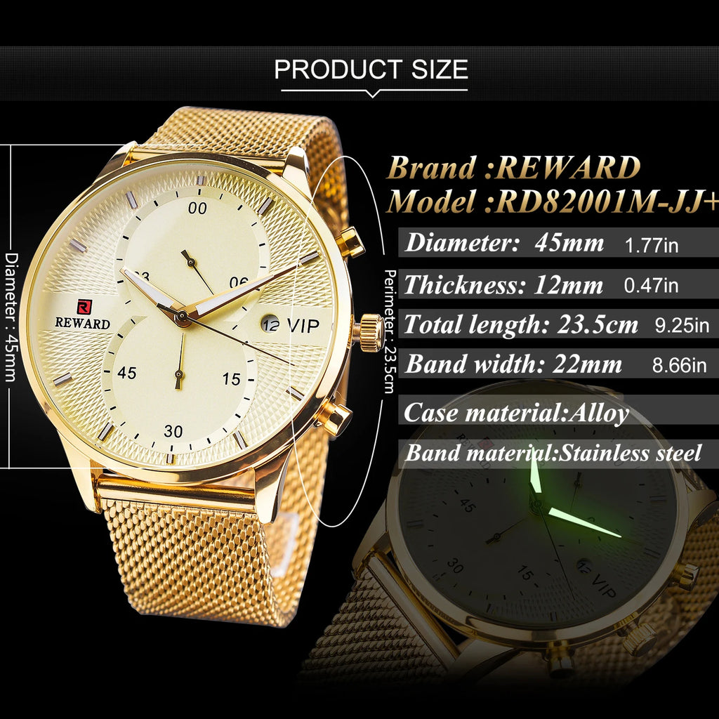 REWARD Classic Gold Wrist Watches For Top Brand Luxury Business Date Waterproof Luminous Stainless Steel Men Quartz Wristwatch
