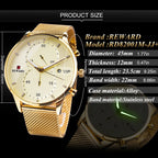 REWARD Classic Gold Wrist Watches For Top Brand Luxury Business Date Waterproof Luminous Stainless Steel Men Quartz Wristwatch