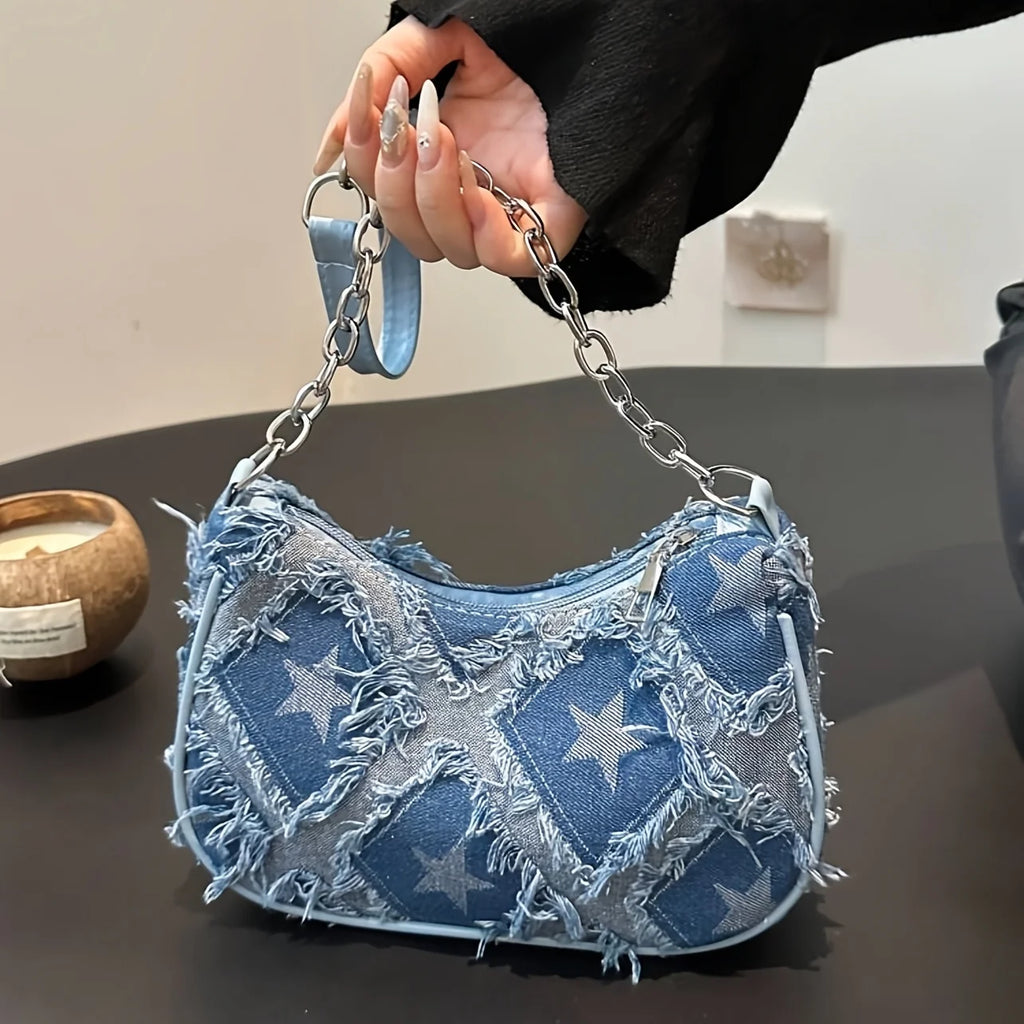 Women's Tote Bag with Star Pattern Blue Distressed Design, Golden-Tone Hardware, Stylish Handbag Shoulder Bag for Everyday Use20 mbzr