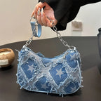 Women's Tote Bag with Star Pattern Blue Distressed Design, Golden-Tone Hardware, Stylish Handbag Shoulder Bag for Everyday Use20 mbzr