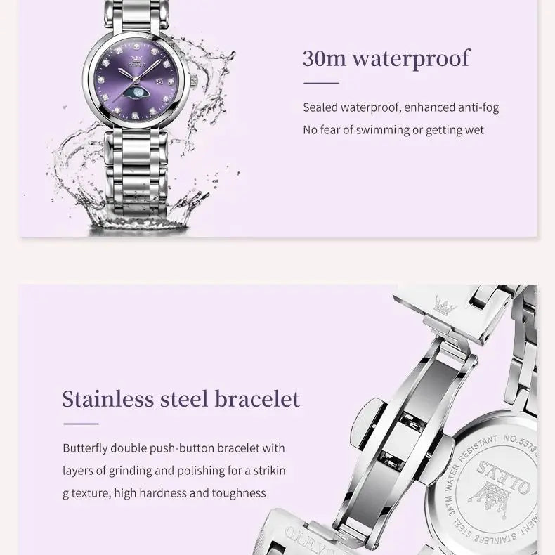 OLEVS 5573 Women's Watch Waterproof Star Moon Diamond Roman Scale Dial Solid Stainless Steel Elegant Luxury Quartz Women Watch mbzr