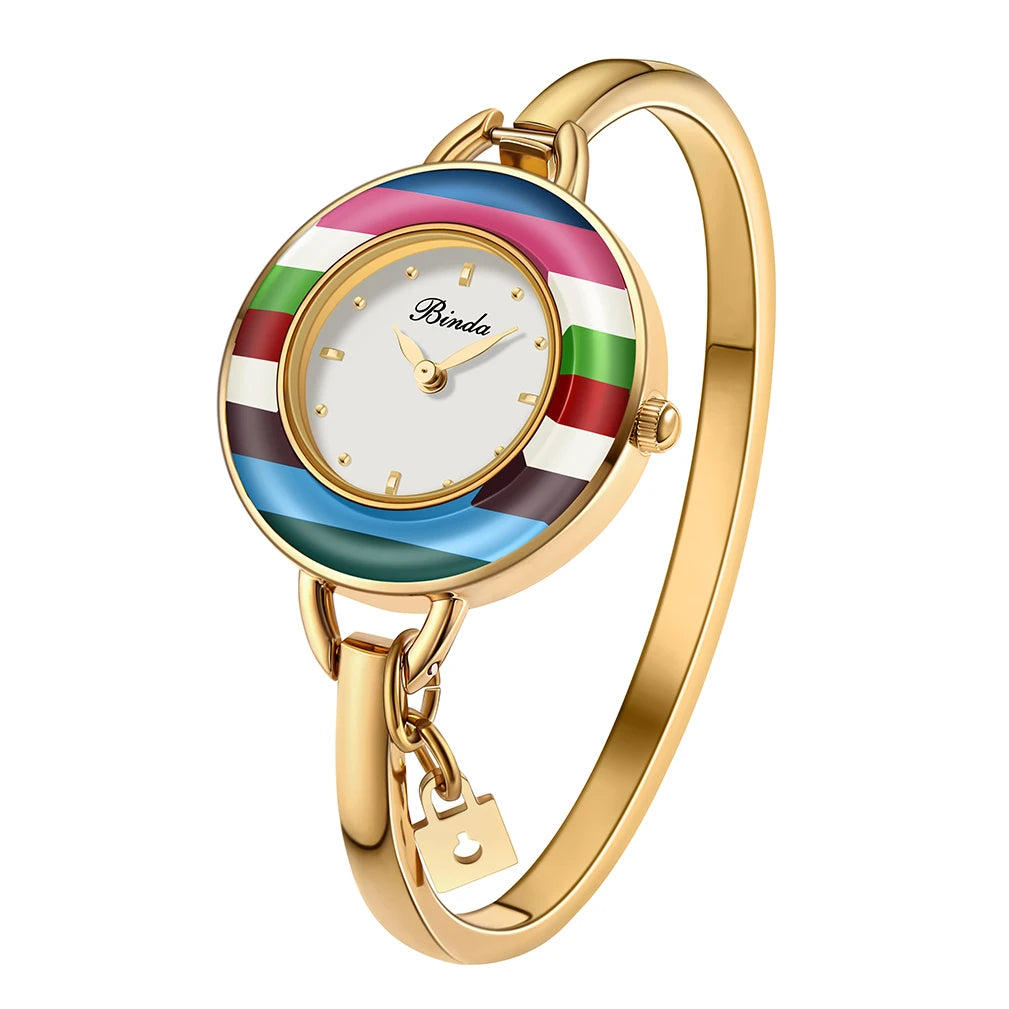 Binda Women’s Elegant Waterproof Quartz Watch – Rainbow Gold Stainless Steel Bracelet, Round Delicate Dial mbzr