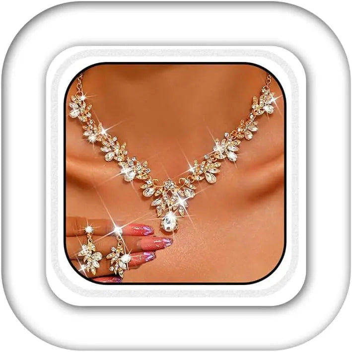 Unicra Rhinestone Bridal Wedding Jewelry Sets Gold Necklace Earrings Set Leaf Prom Formal Costume Jewelry Set for Women and Brides