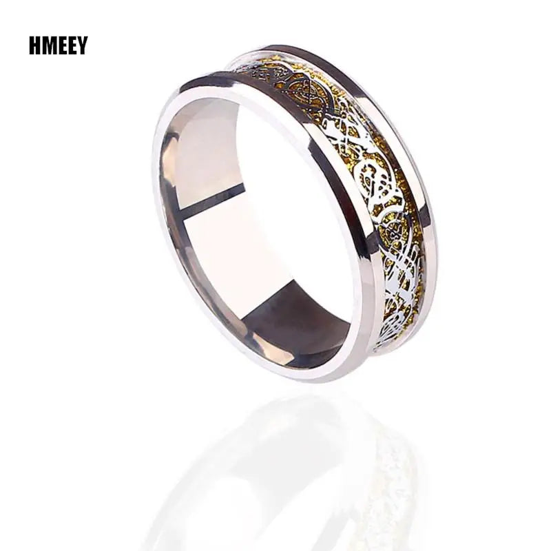 Fashion Men Gold Color Stainless Steel Celtic Dragon Ring Inlay Black Carbon Fiber Ring