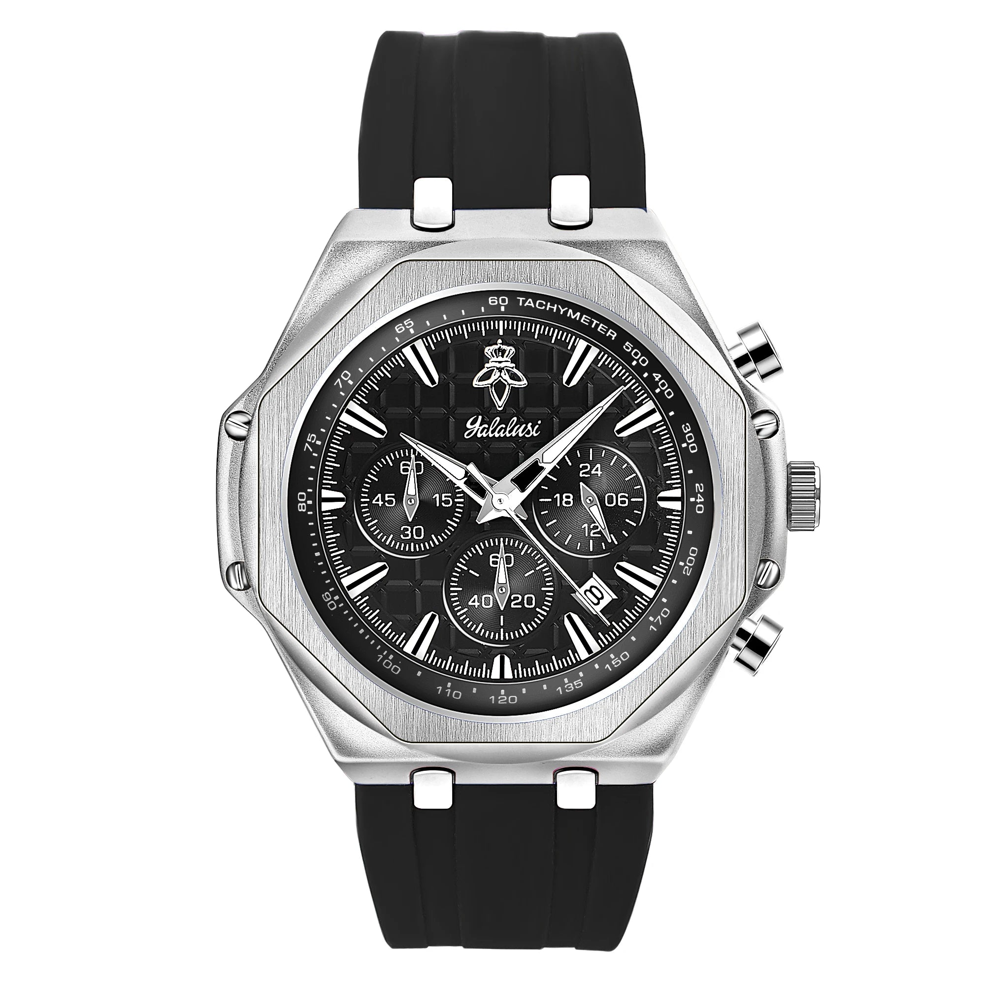 YaLaLuSi Octagon Gold Case Men Chronograph Watch Burgundy Red Grid Dial Silicone Strap Tachymeter Multi Sub Dial Date Waterproof Sports Quartz Wristwatch