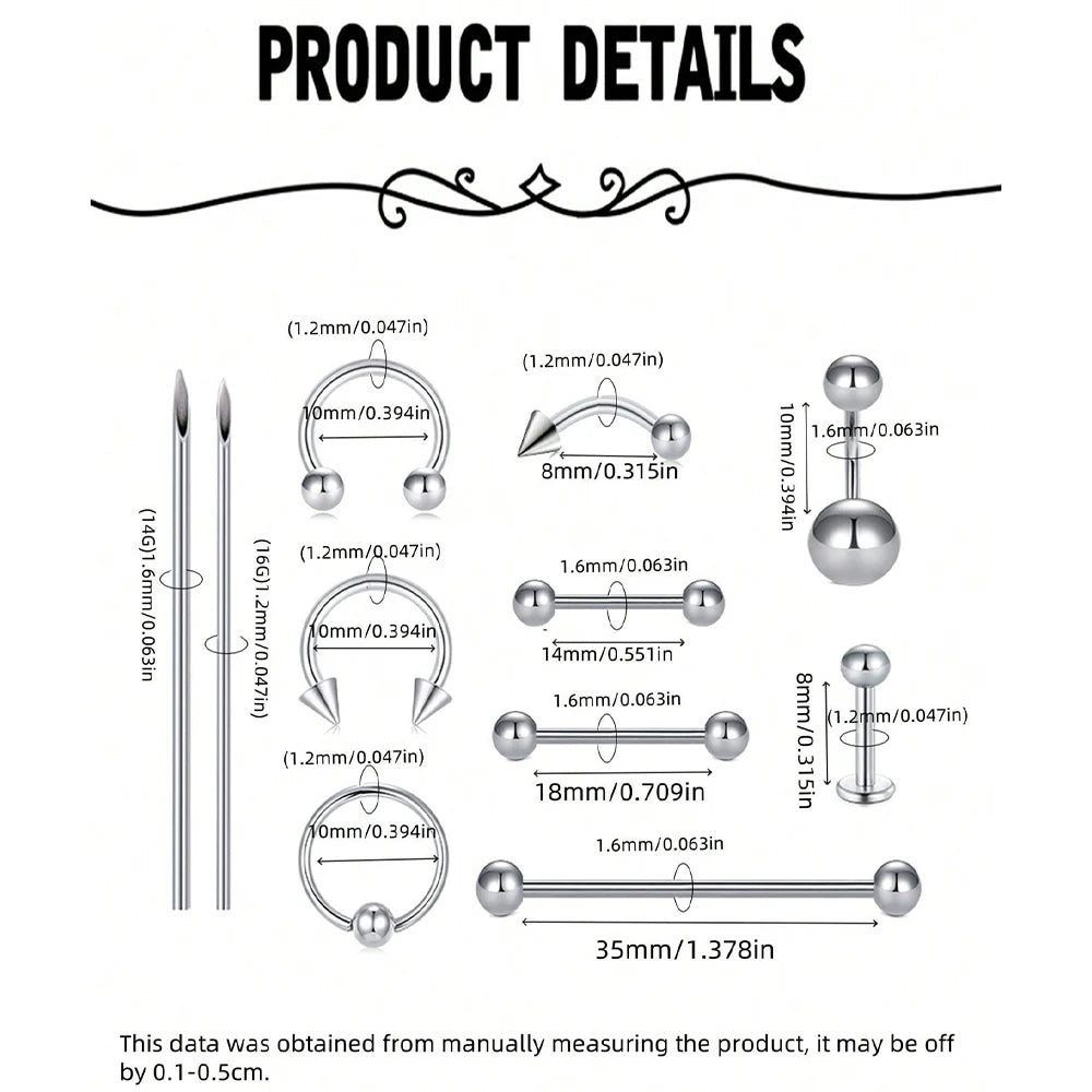 Stainless Steel Piercing Kit 14G/16G Belly Button Piercing Kit Septum Piercing Kit Lip Tongue Nipple Ear Piercing Kit