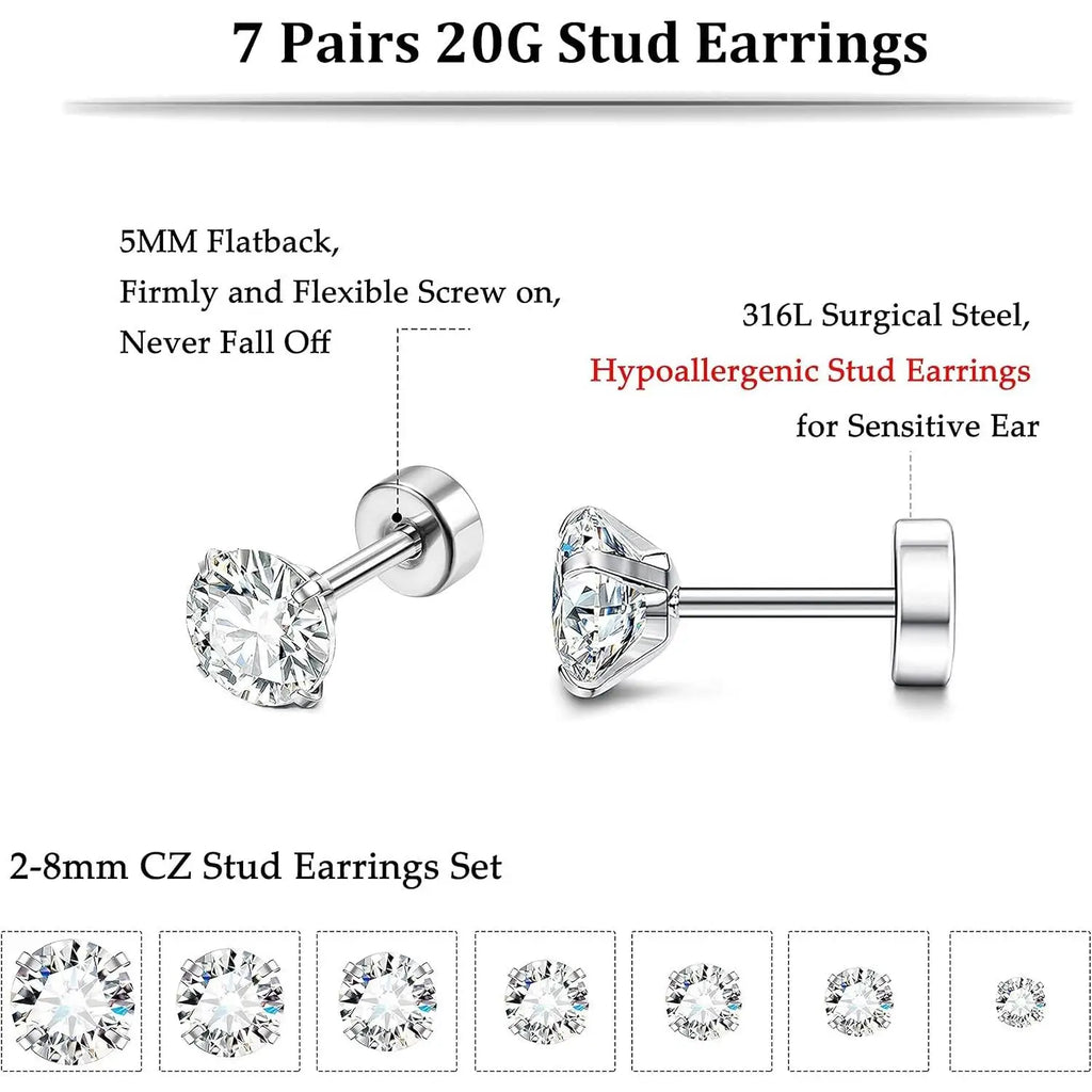 20G Hypoallergenic Flat Back Earrings for Women Men Silver Plated14K Gold-plated Stainless Steel Stud Earrings Brithstone Cubic Zirconia Studs Surgical Steel Cartilage Earrings for Sensitive Ears