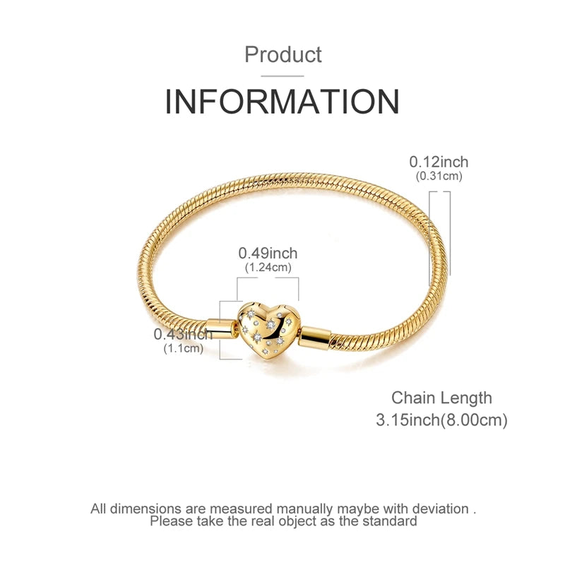 925 Sterling Silver Bracelets 17-20CM Original Golden Sparkling Heart Shaped Bracelet Fit DIY Charms Beads Fashion Women Jewelry mbzr