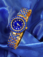 Luxury Blue Crystal Inlaid Alloy Womens Quartz Wristwatch With Bracelet Band mbzr