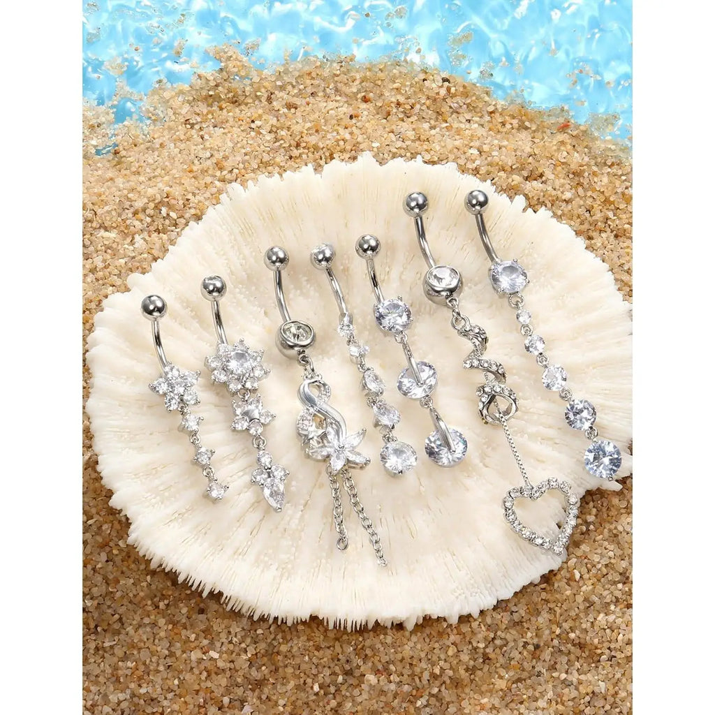 7 Pcs 14G Dangle Belly Button Rings for Women 316L Surgical Steel Curved Navel Barbell Body Jewelry Piercing
