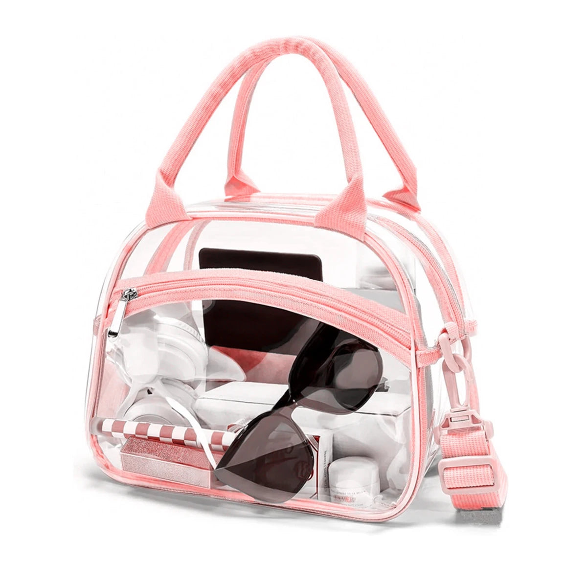 Transparent non insulated lunch bag with adjustable shoulder straps, suitable for work, picnic, travel, concerts, sports