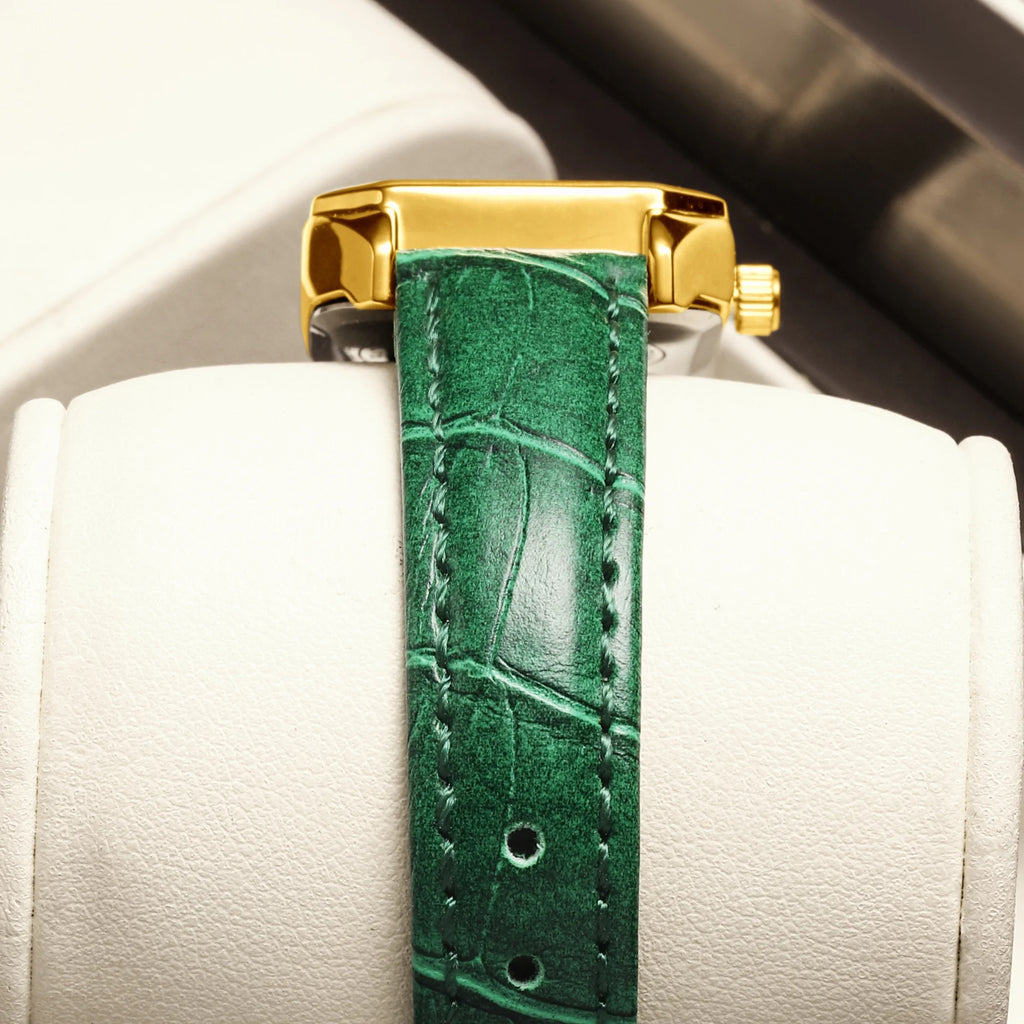 YaLaLuSi Vintage Gold Ladies Watch Irregular Octagon Rectangle Emerald Green Dial Croc Embossed Leather Band Elegant Roman Scale Quartz Wristwatch For Women