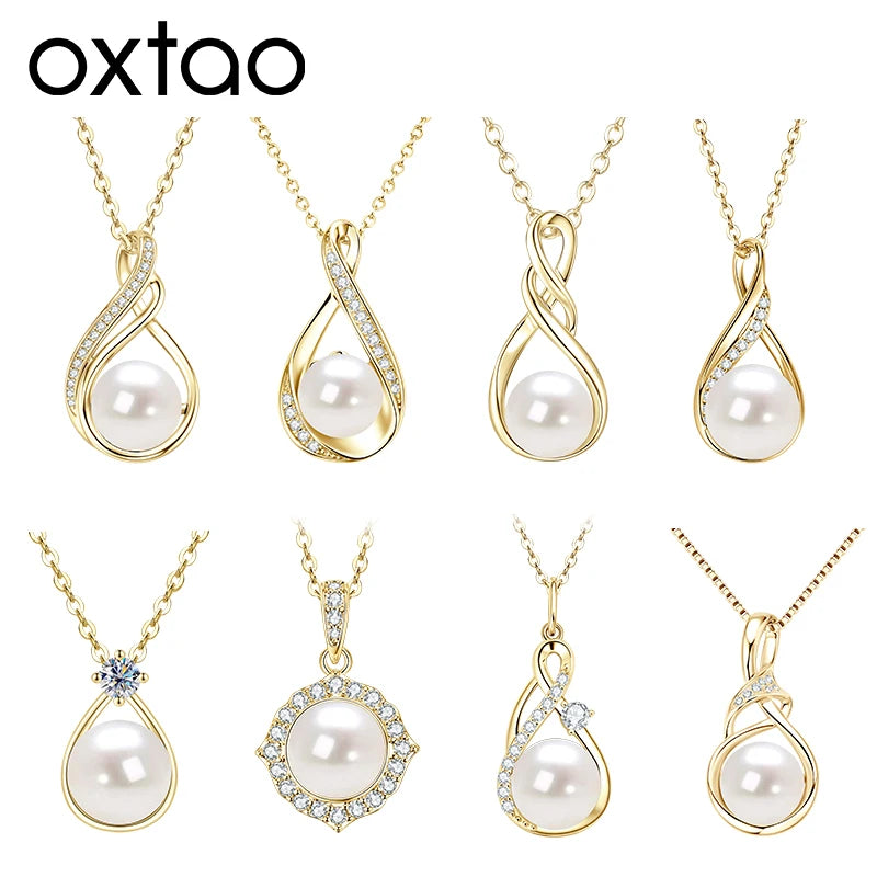 OXTAO Natural Freshwater Pearl Infinity Pendant Necklace Engagement Wedding Anniversary Jewelry Gifts Moissanite Charm Necklaces with Certified
