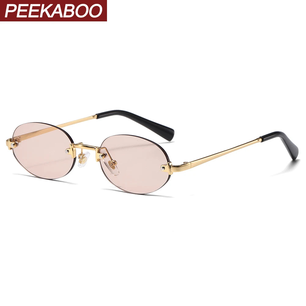 Peekaboo Fashion Oval Sun Glasses for Women Metal Men Rimless Sunglasses Round Unisex Brown Black Uv400 Female Trendy Gift