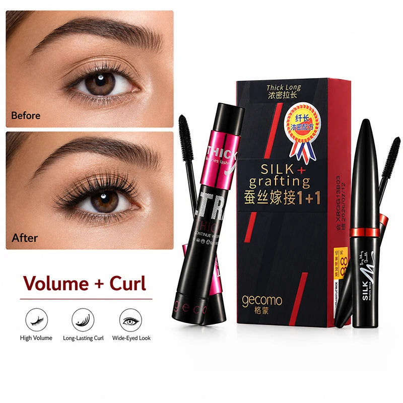 2-Step Mascara & Fiber Lash Extension Set, Lengthening Volumizing Waterproof Curling Mascara, Smudge-Proof Eye Makeup mbzr