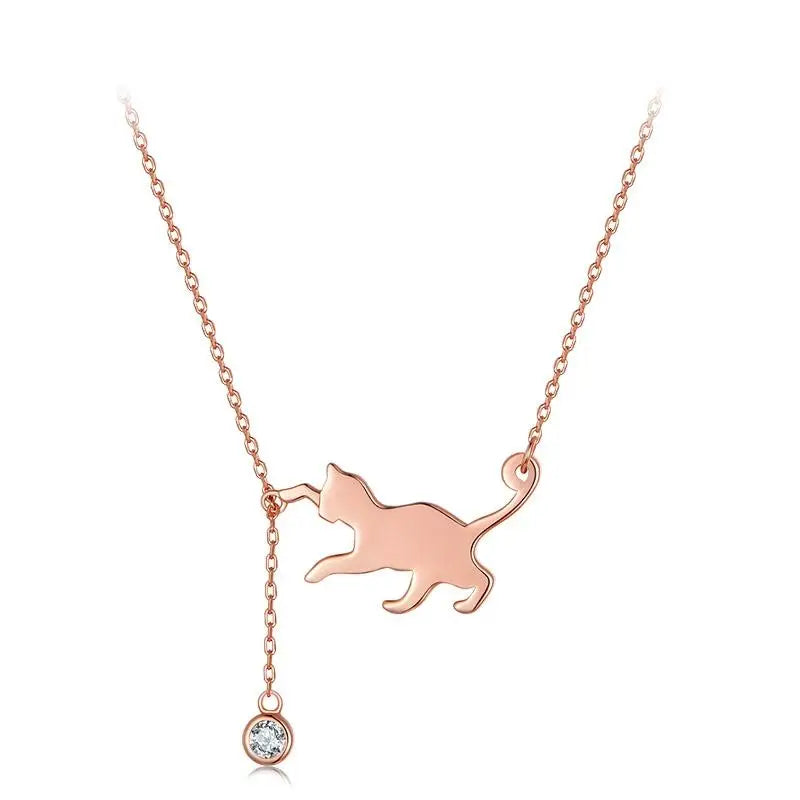 WOSTU 100% 925 Sterling Silver Playful Cat Pet Chains Pendant Necklace For Women Luxury Brand Jewelry