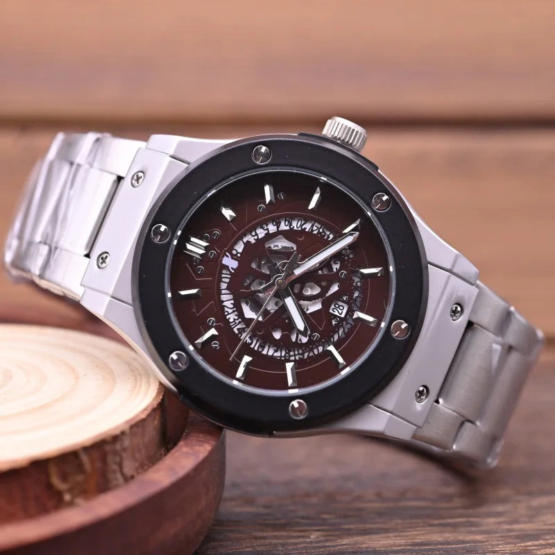 Fashion Luxury‑Style Mens Quartz Wristwatch Hollow‑Cut Dial Alloy Case Metal Strap Date Display Daily‑Waterproof Casual Sports Watch for Men