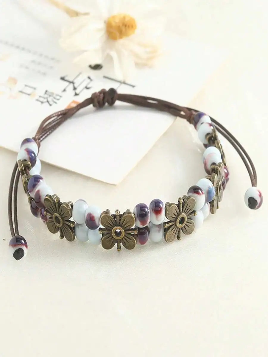 1Pc Vintage Bohemian Woven Leather Cord Bracelet For Women Girls, Handmade Colorful Beaded Bracelet With Flower Pendant Adjustable Knot, Boho Jewelry For Daily Party Dating Holiday Gift Accessory