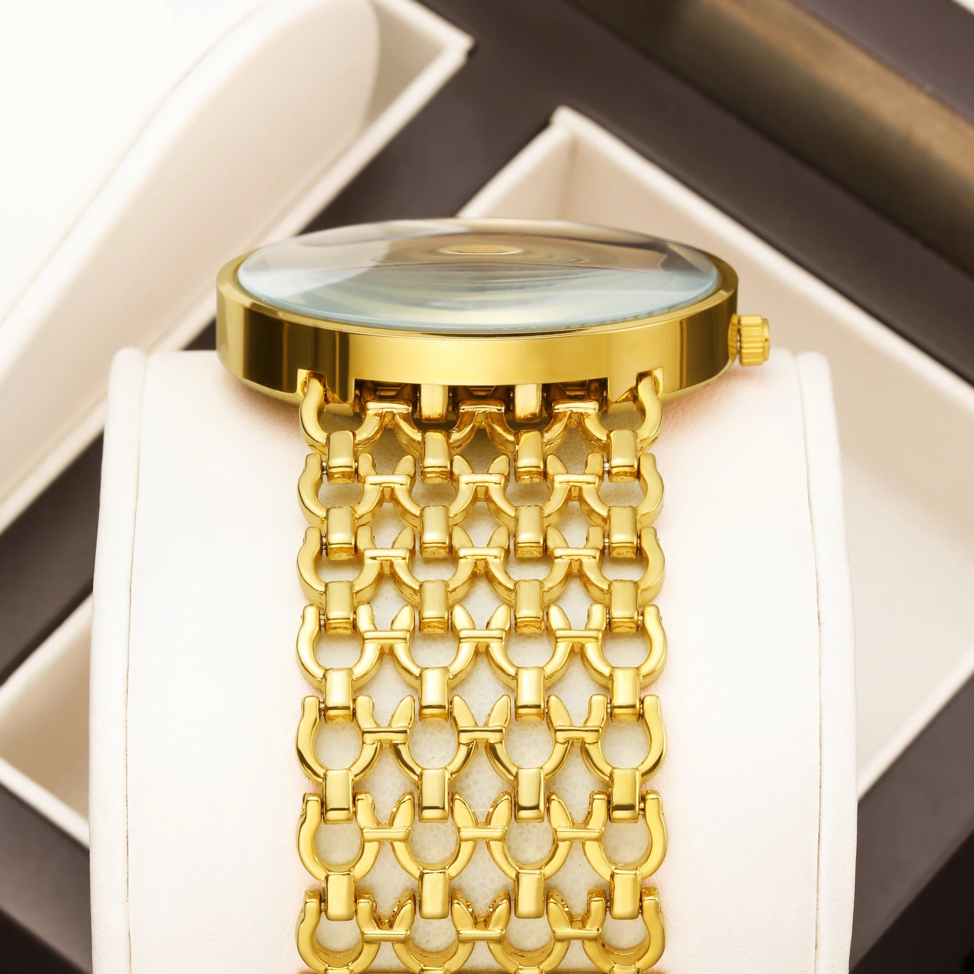 YaLaLuSi Full Gold Hollow Chain Ladies Watch Minimal Rhinestone Dot Dial Luxury Quartz Wristwatch Elegant Women  Gift