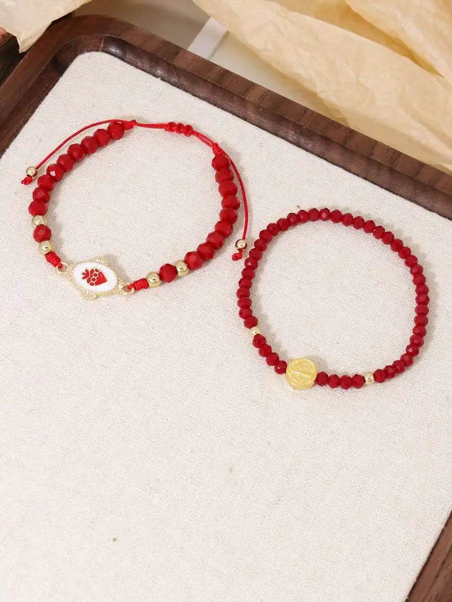 2pcs Vintage Red Artificial Crystal Beads Jesus Charm Adjustable Bracelet Set For Women