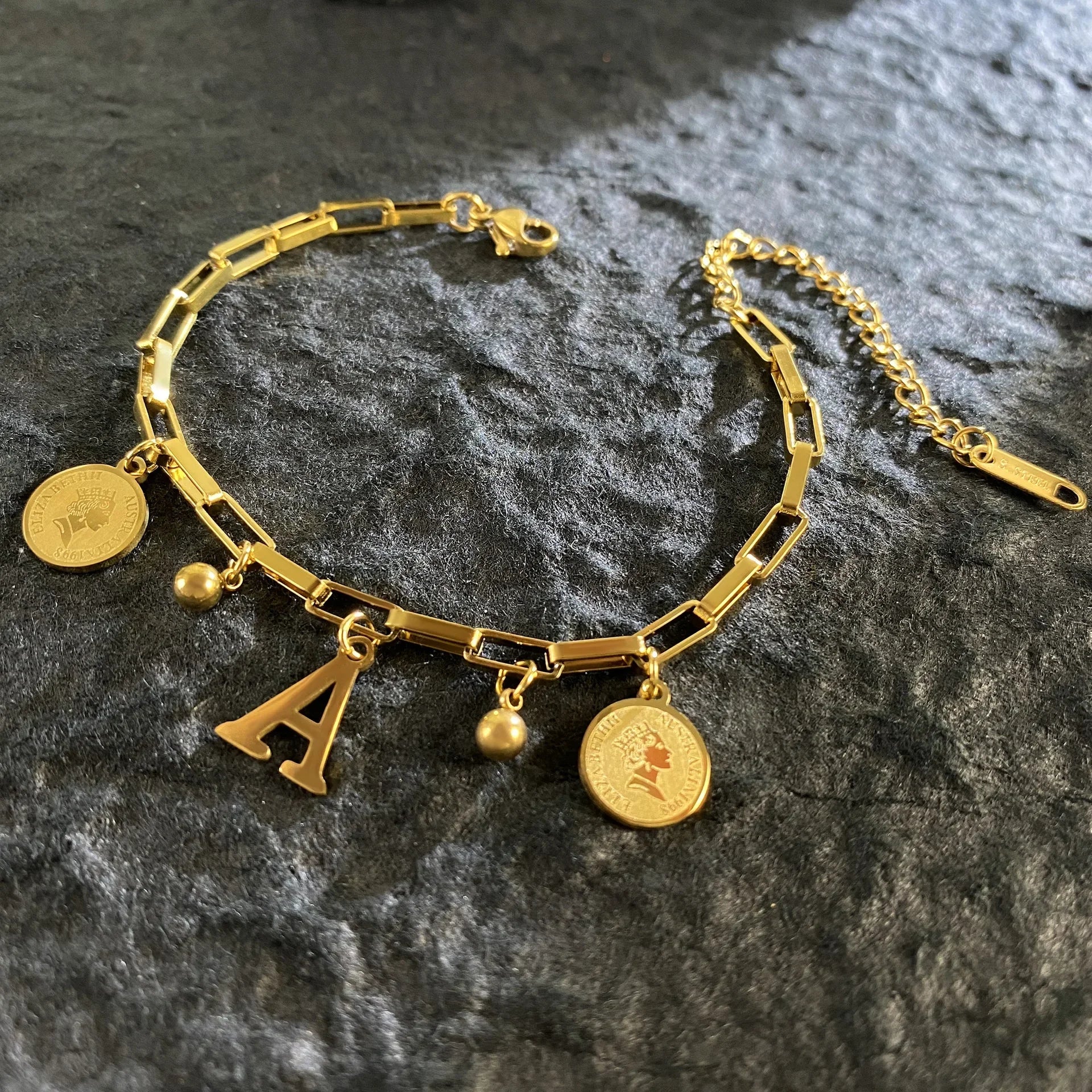 1pc Queen Coin Letter plated Stainless Steel Bracelet for Women Small Bell Pendant Adjustable Bracelet Classic Jewelry Gift