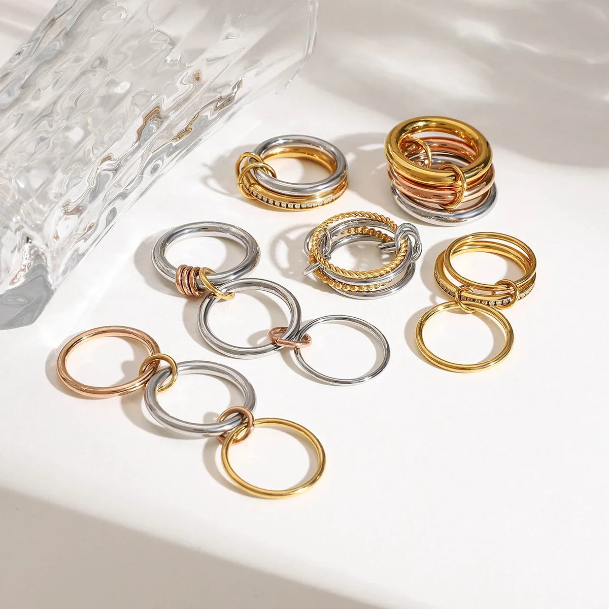 316 Stainless Steel PVD Mixed Metals Multi Layered Finger Rings Shiny CZ Zircon Stackable Ring Set Non Tarnish Dainty Jewelry