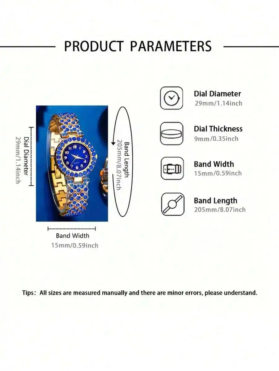 Luxury Blue Crystal Inlaid Alloy Womens Quartz Wristwatch With Bracelet Band mbzr