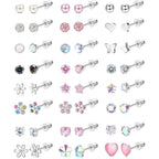 24Pairs Stainless Steel Stud Earrings for Women CZ Screw Back 4mm Tiny Flat Back Studs Cute Dainty Jewelry Gift Set 16G 18G