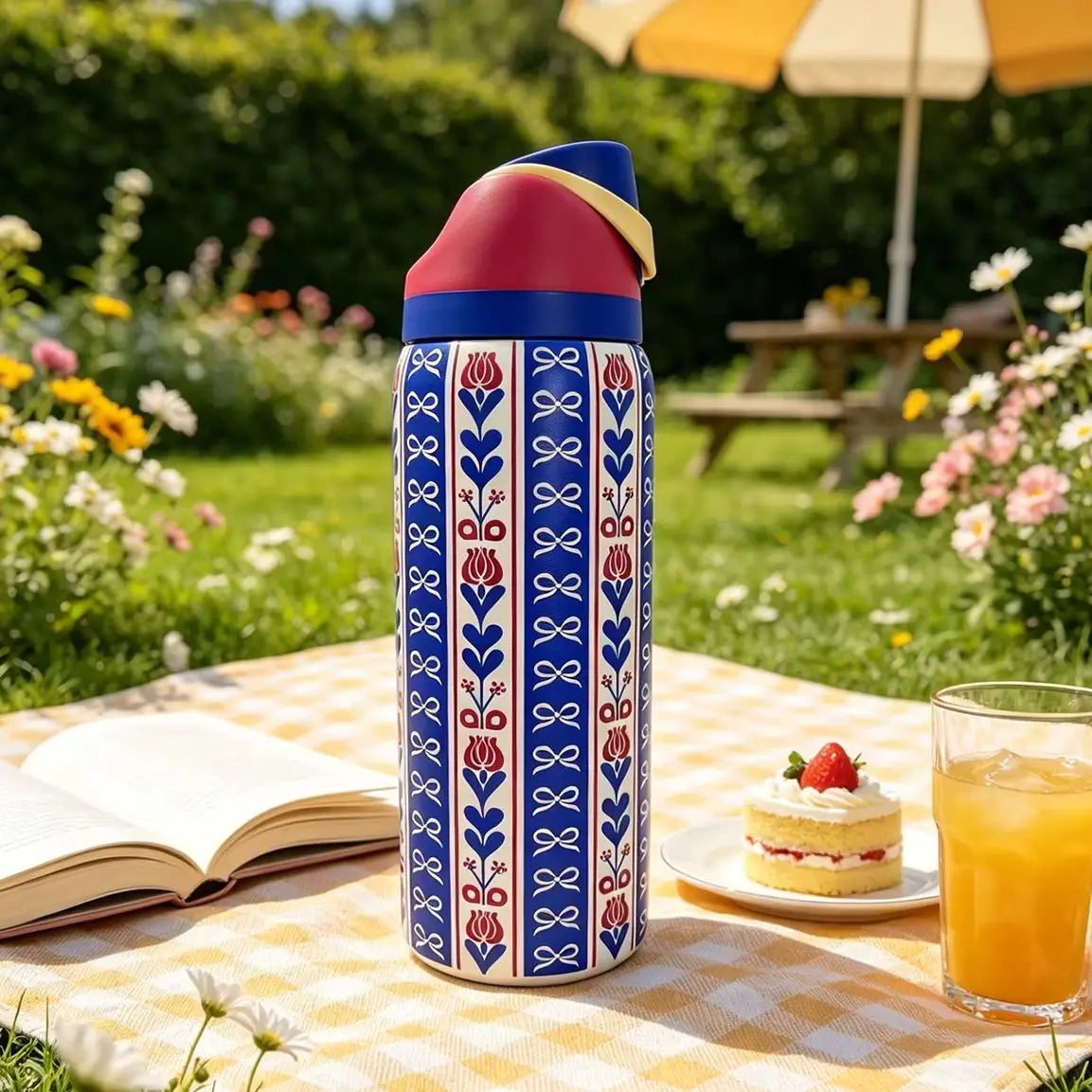 Owalaa blue pattern 32oz/945ml stainless steel insulated water bottle with straw,for daily sports outdoor,perfect gift mbzr