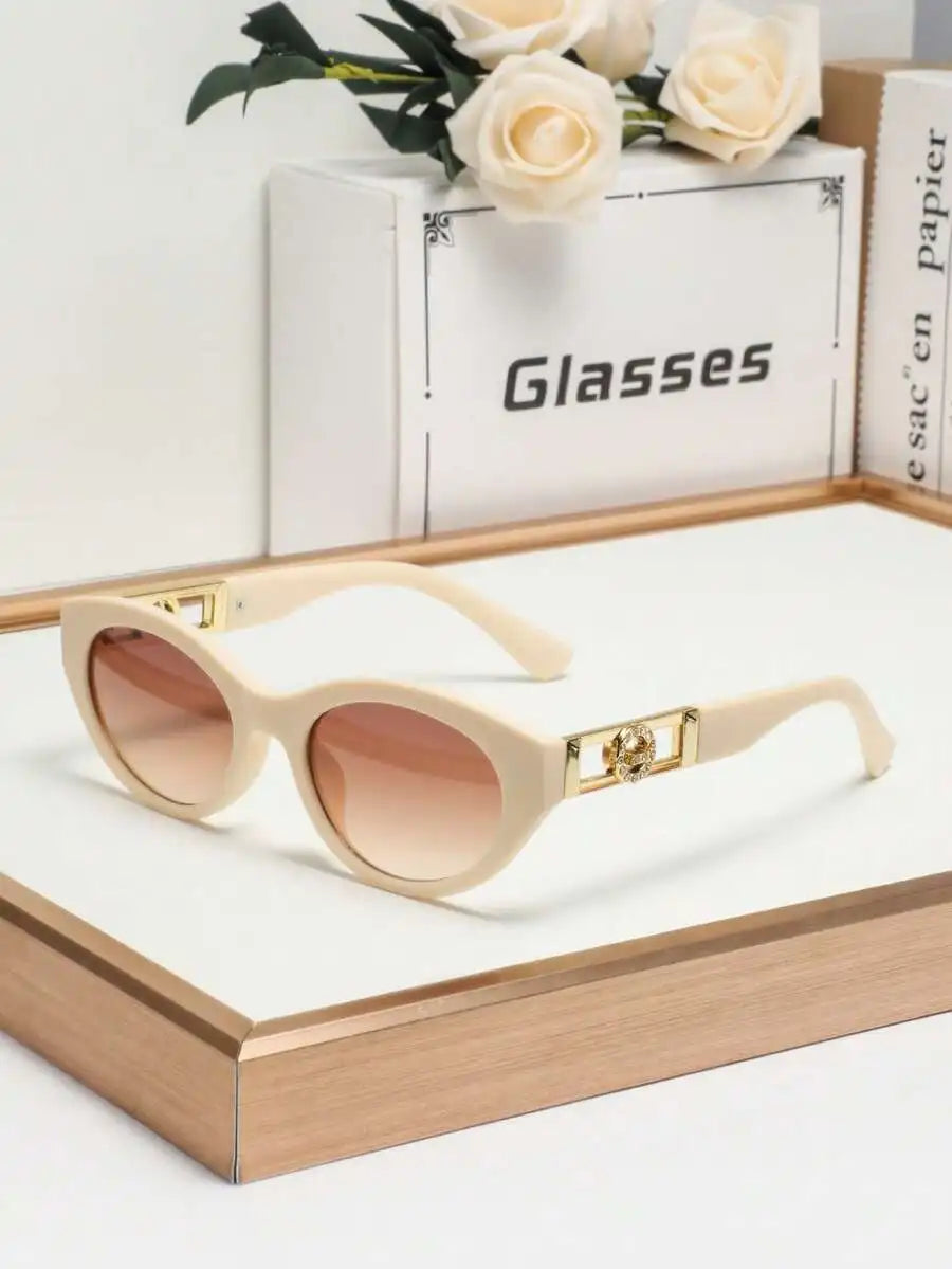Womens Oval Plastic Fashion Sunglasses With Gold Tone Accents For Vacation Driving And Casual Wear mbzr