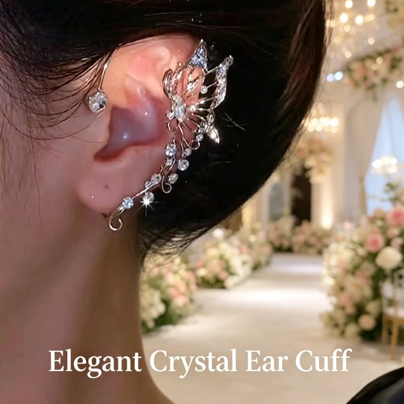 French Style Large Crystal Butterfly Ear Hook Clip Earrings Unique Hollow Wing Dangle Ear Cuff High End Nightclub Gown Fine Jewelry