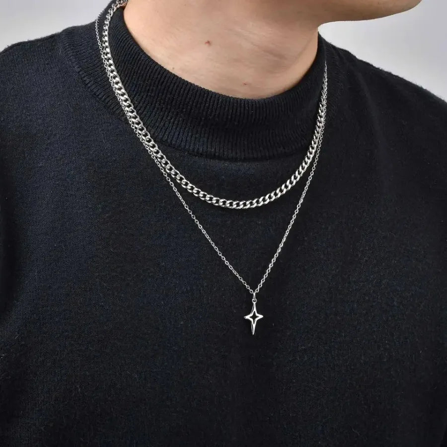 Vnox 2pcs/set Link Chain Chokers Four-point Star Pendant O-Chain Necklace Set for Men, Stainless Steel Silver Color Jewelry Gif
