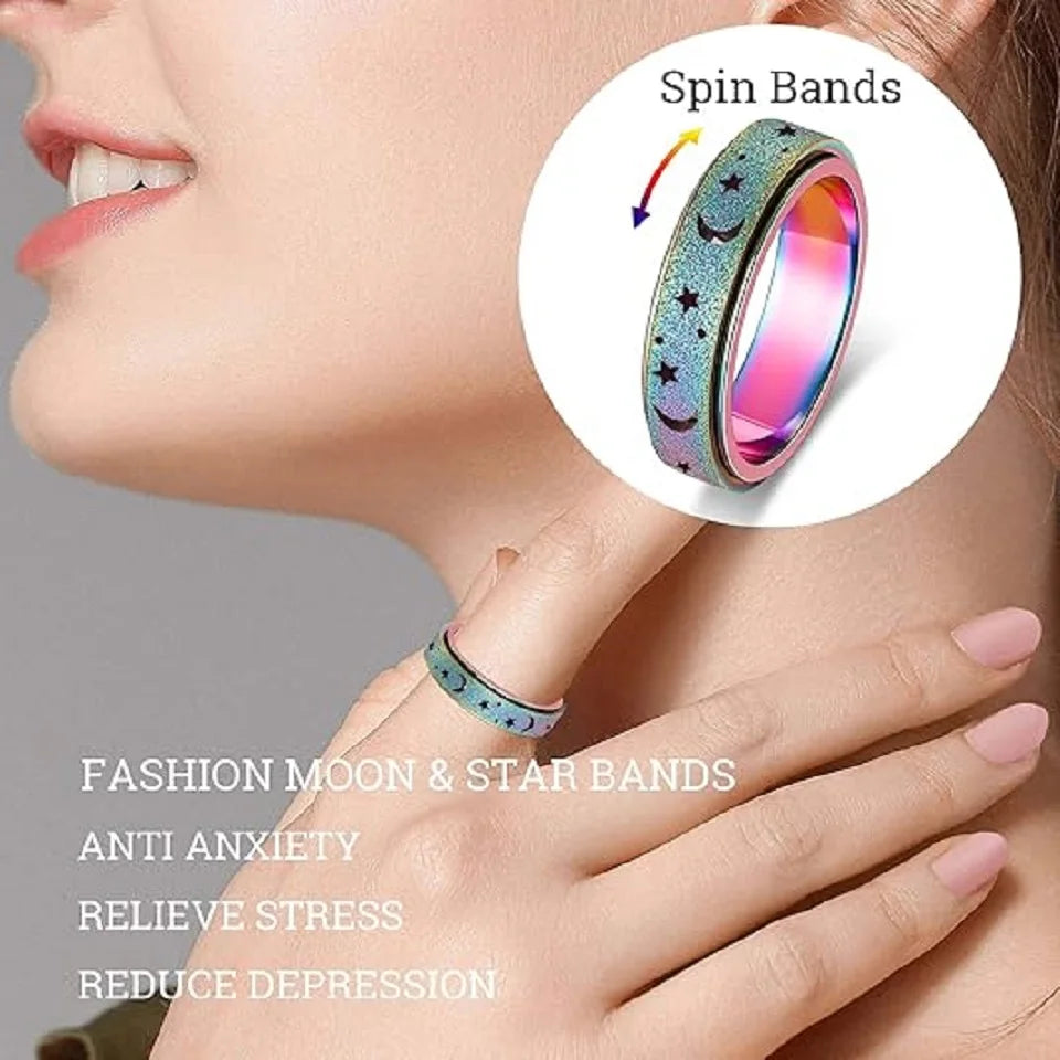 Unique Spinning Ring for Men - Rotating Moon and Star Design with Stainless Steel Ends