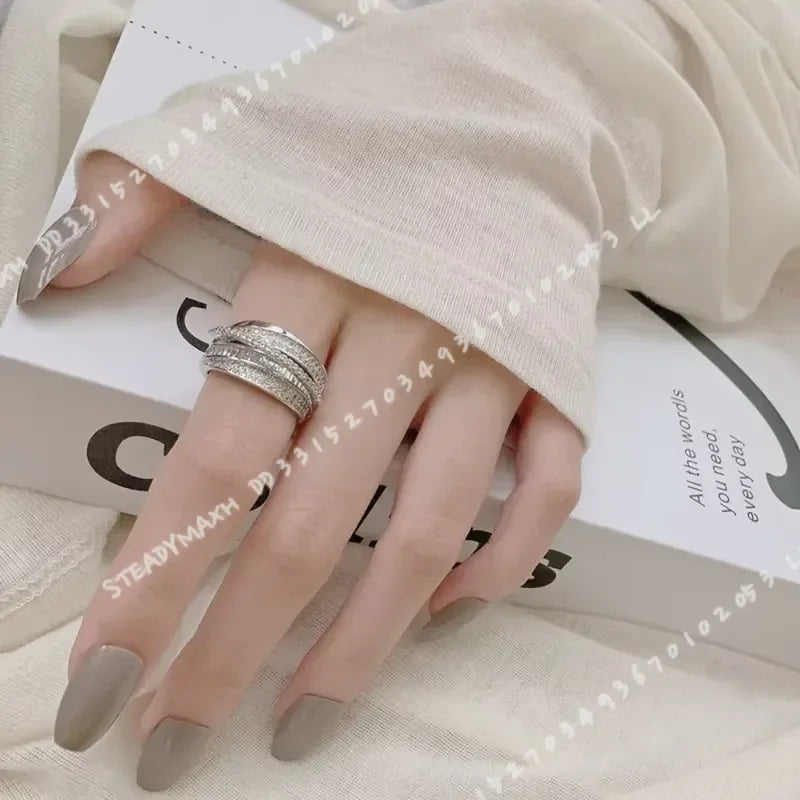 Trendy Luxury Geometric Shiny Zircon Multi-layer Gold Color Stainless Steel Couple Ring for Women Men Jewelry Gift