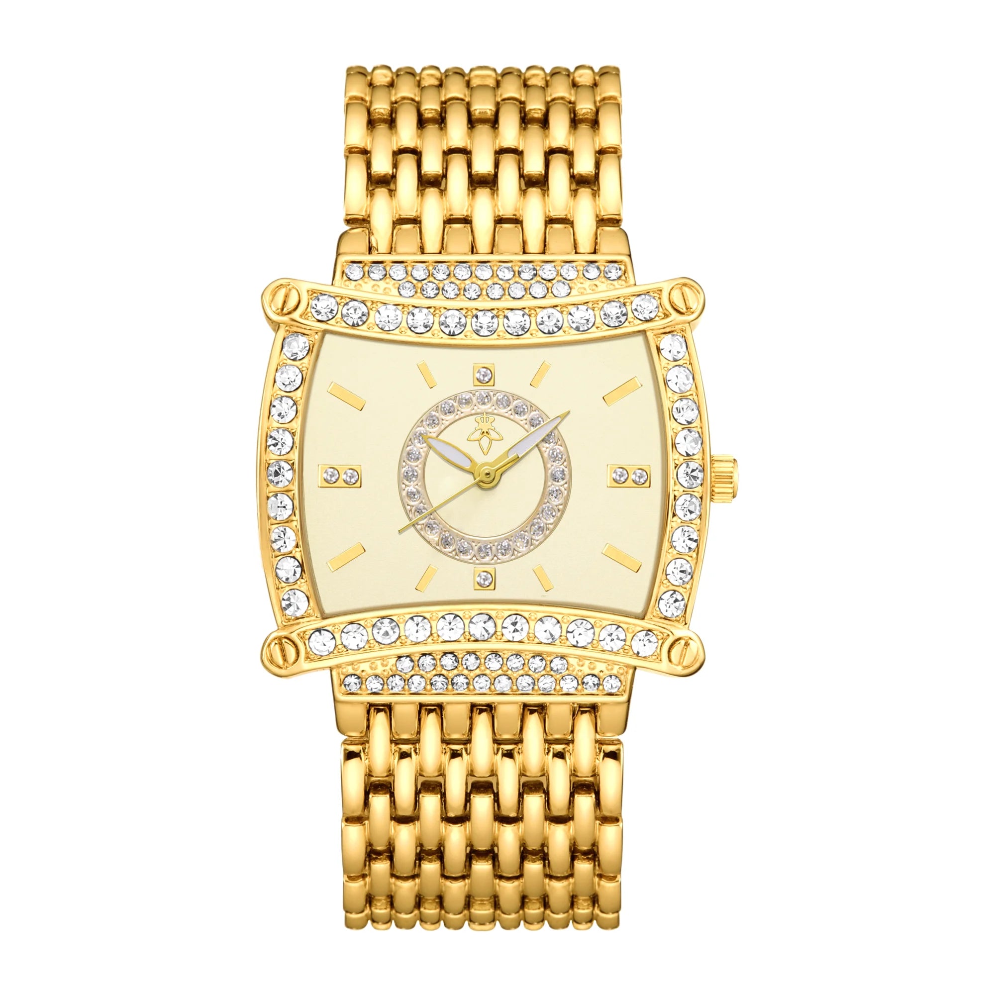YaLaLuSi Tonneau Square Full Rhinestone Women Watch Black  Dial Double Halo Crystal Bezel Multi-Row Gold Link Bracelet Ladies Quartz Dress Wristwatch