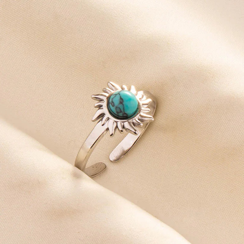 1pc Stainless Steel Boho Turquoise Open Finger Rings Trendy Adjustable Women Multi Layers Stackable