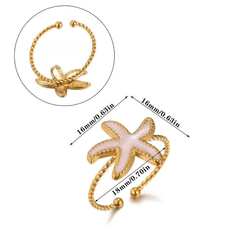 Drip waterproof starfish open ring, fashionable and elegant party stainless steel golden color ring, women's party holiday daily jewelry accessories gift