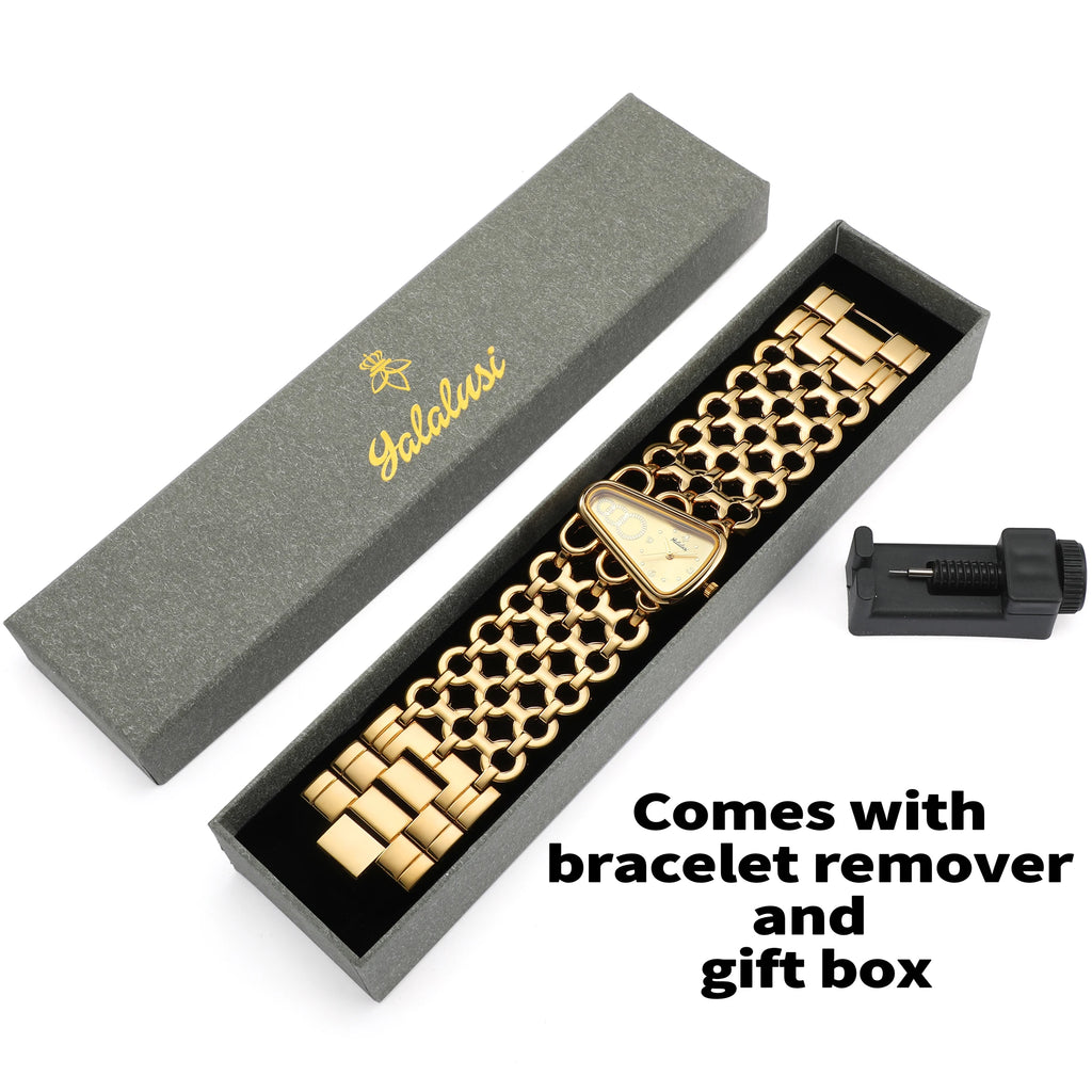 YaLaLuSi Irregular Trapezoid Gold Dial Women Watch Hollow Wide Interlocking Link Bracelet Unique Luxury Waterproof Ladies Quartz Dress Wristwatch For Party Dating Wedding