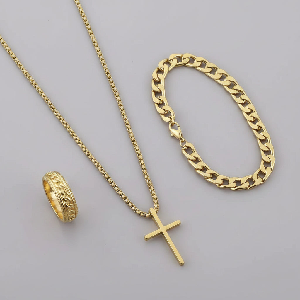 Men's Stainless Steel Jewelry Set: Cross Pendant Necklace + Cuban Link Bracelet + Engraved Band Ring - Fashion Hip Hop Accessori mbzr