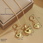 Minimalist Puffy Heart Jewelry Set, Rose Gold Snake Chain Necklace & Heart Drop Earrings, Elegant Daily Wear Jewelry