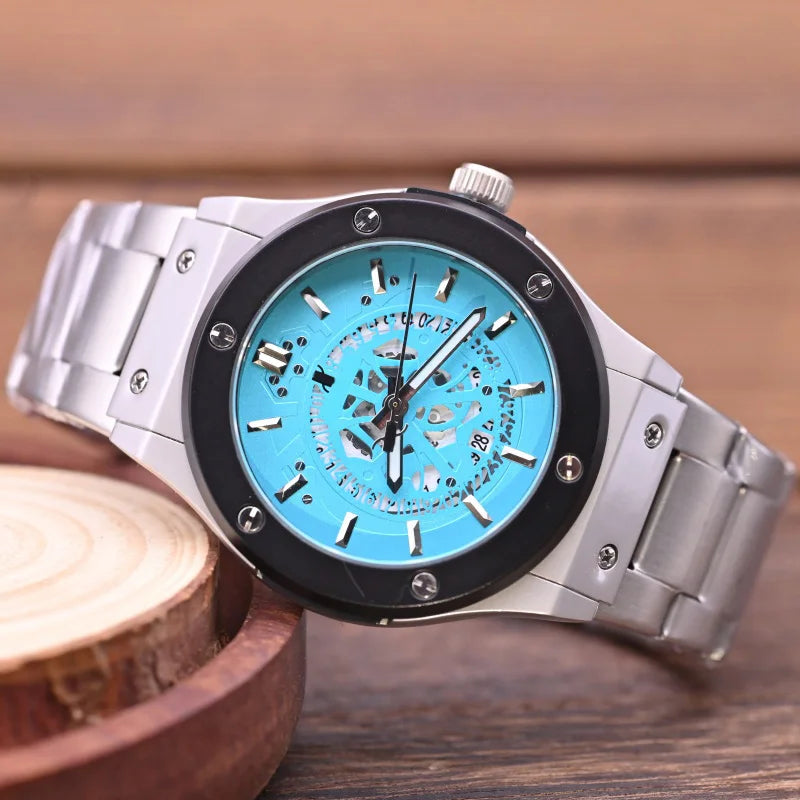 Fashion Luxury‑Style Mens Quartz Wristwatch Hollow‑Cut Dial Alloy Case Metal Strap Date Display Daily‑Waterproof Casual Sports Watch for Men
