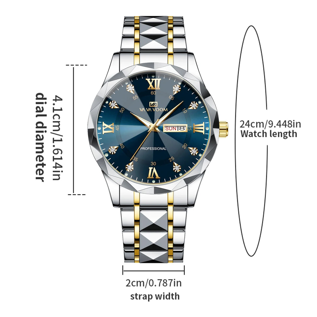 1 Set Mens Watches Local Shipping Luxury style 41mm Blue Dial Rhinestone Scale Calendar & Week Quartz Movement Men's Clock Stainless Steel Gradient Gold Strap Business Watch Men mbzr