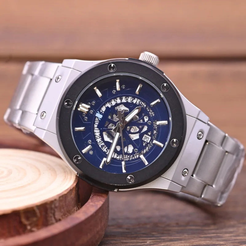 Fashion Luxury‑Style Mens Quartz Wristwatch Hollow‑Cut Dial Alloy Case Metal Strap Date Display Daily‑Waterproof Casual Sports Watch for Men