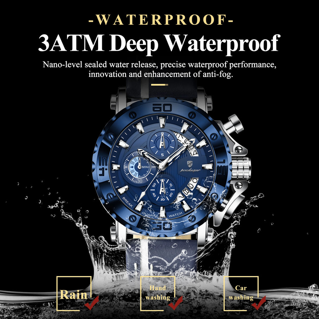 POEDAGAR Original Watches For Man Waterproof Luminous Date Fashion Male Clock Chronograph Leather Quartz Sports Men's Wristwatch Big Dial Male Reloj