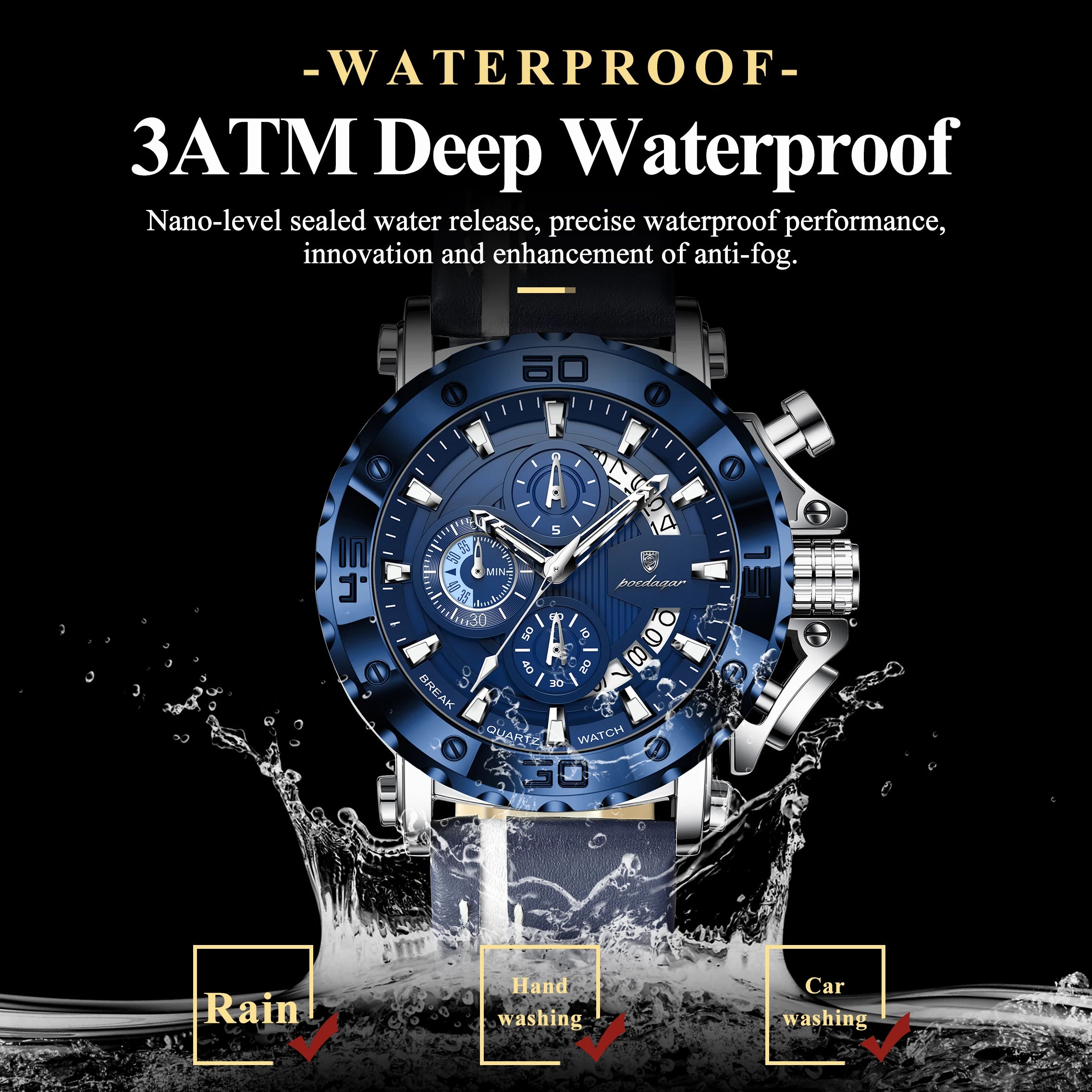 POEDAGAR Original Watches For Man Waterproof Luminous Date Fashion Male Clock Chronograph Leather Quartz Sports Men's Wristwatch Big Dial Male Reloj