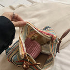 Women's Striped Woven Straw Tote Bag - Lightweight Large Capacity with Detachable Coin Purse & Zip Closure for Beach Vacation mbzr