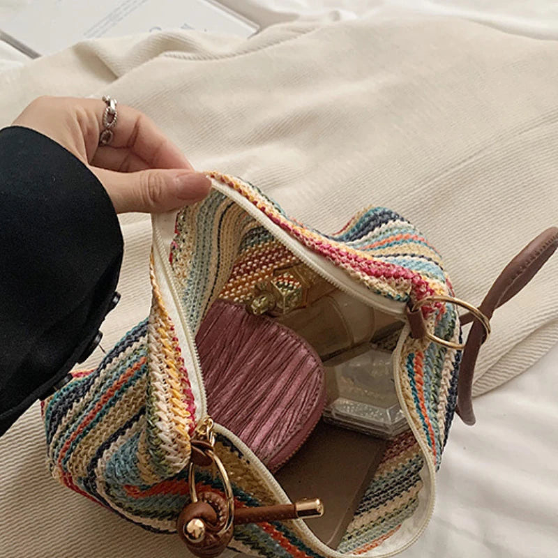 Women's Striped Woven Straw Tote Bag - Lightweight Large Capacity with Detachable Coin Purse & Zip Closure for Beach Vacation mbzr
